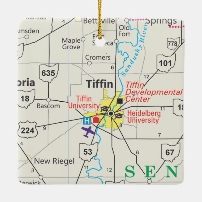Tiffin Ohio Road Map Ceramic Ornament (Back)