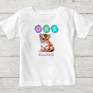 Tiger 1st Birthday one with name purple Baby T-Shirt