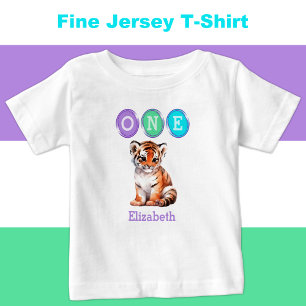 Tiger 1st Birthday one with name purple Baby T-Shirt
