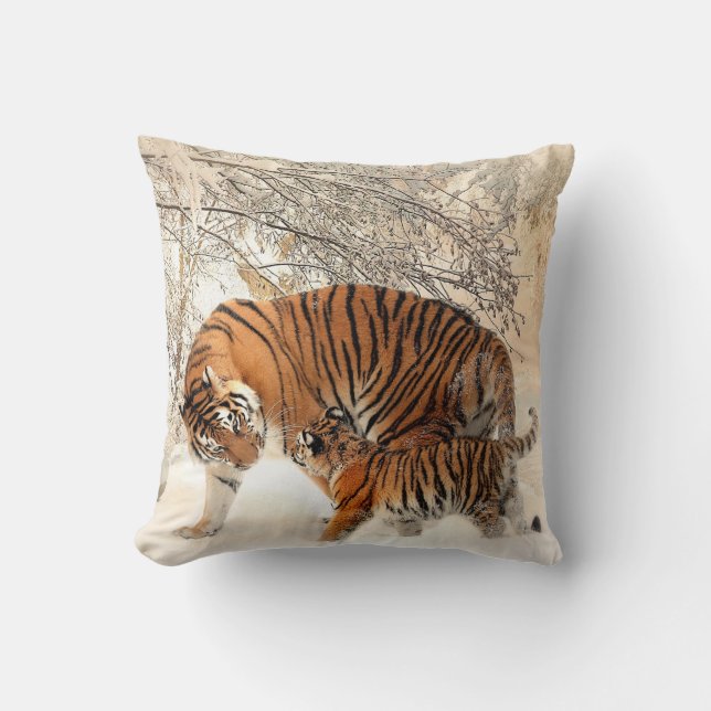Tiger And Cub  Design Cotton Throw Pillow (Front)