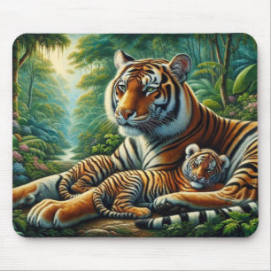 Tiger and Cub in a Lush Jungle Painting Mouse Pad