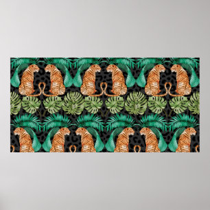 Tiger and Leaves in Watercolor Seamless Pattern Poster