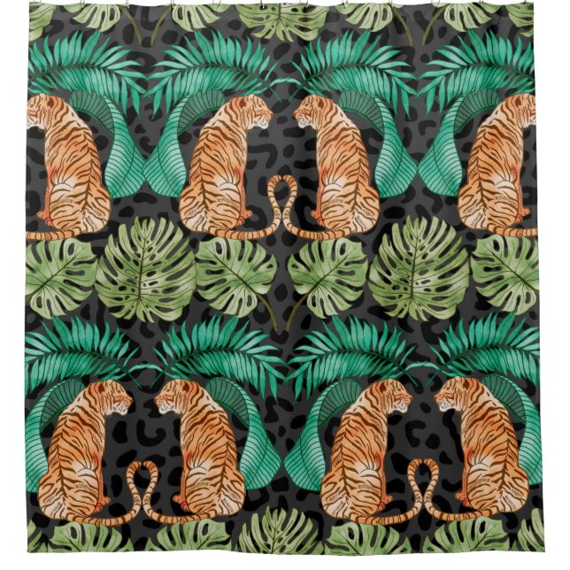 Tiger and Leaves in Watercolor Seamless Pattern Shower Curtain (Front)