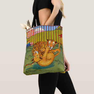 tiger and leopard wrestling tote bag