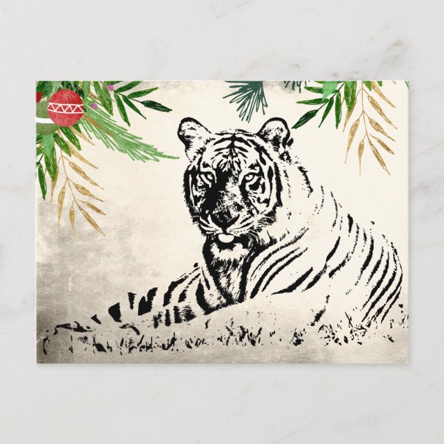 Tiger and Palm Fronds Holiday Christmas Thank You Postcard (Front)