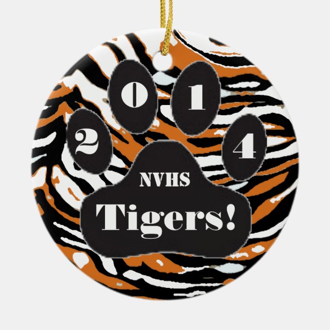 Tiger and Paw Print-School Spirit Ceramic Tree Decoration (Front)