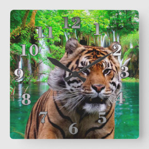 Tiger and Waterfall Square Wall Clock
