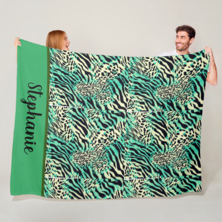 Tiger and zebra print  green  and tan animal print fleece blanket