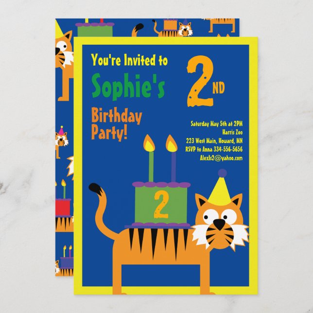 Tiger Animal Kid's Birthday Party Invitations (Front/Back)