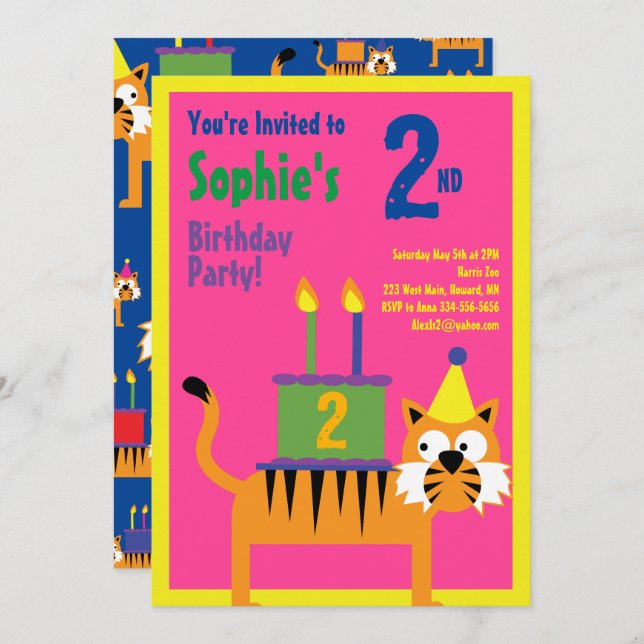 Tiger Animal Kid's Birthday Party Invitations (Front/Back)