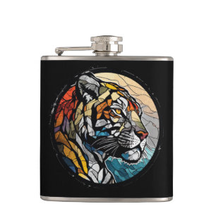 Tiger Animal Portrait Stained Glass Wildlife Free Hip Flask