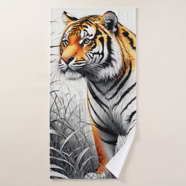 Tiger Art Colour Partial Black White Drawing Bath Towel (Bath Towel)