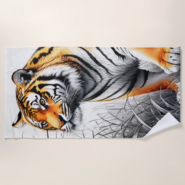 Tiger Art Colour Partial Black White Drawing Beach Towel (Front)