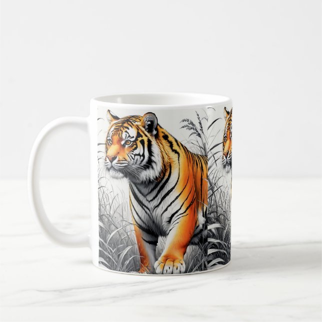 Tiger Art Colour Partial Black White Drawing Coffee Mug (Left)