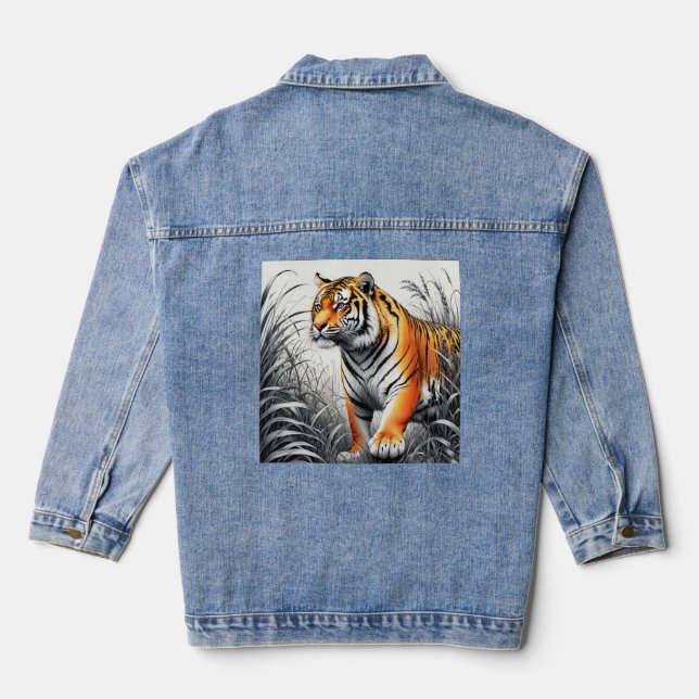 Tiger Art Colour Partial Black White Drawing Denim Jacket (Back)