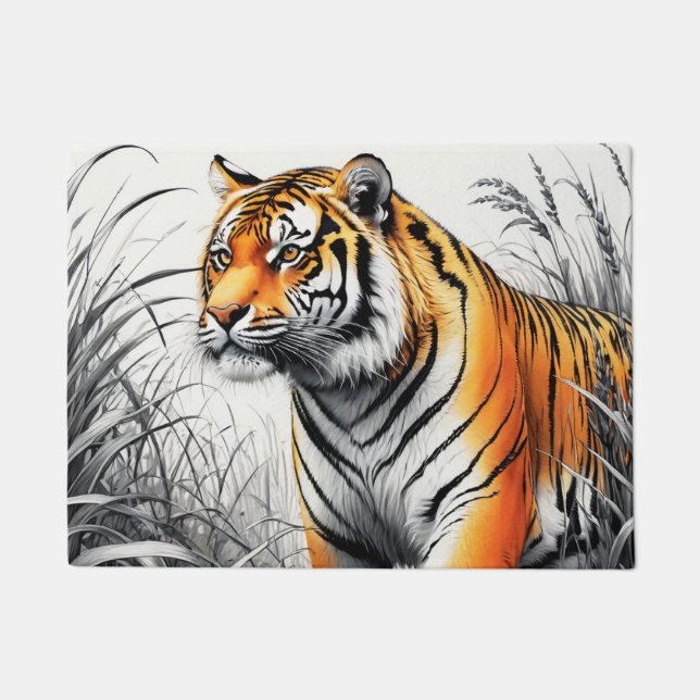Tiger Art Colour Partial Black White Drawing Doormat (Front)
