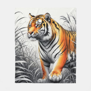 Tiger Art Colour Partial Black White Drawing Fleece Blanket