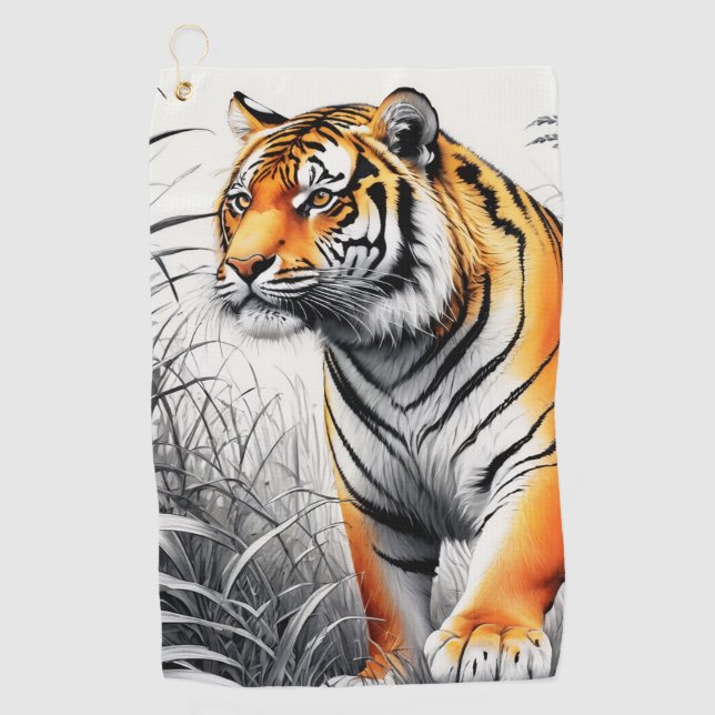 Tiger Art Colour Partial Black White Drawing Golf Towel (Front)