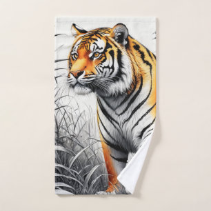 Tiger Art Colour Partial Black White Drawing Hand Towel