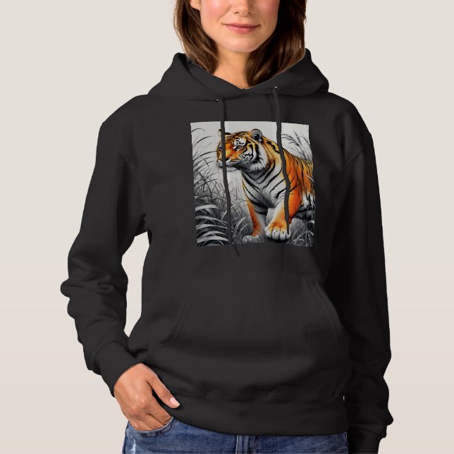 Tiger Art Colour Partial Black White Drawing Hoodie (Front)