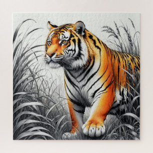 Tiger Art Colour Partial Black White Drawing Jigsaw Puzzle