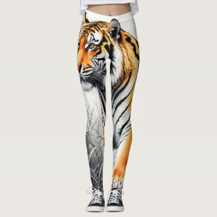 Tiger Art Colour Partial Black White Drawing Leggings