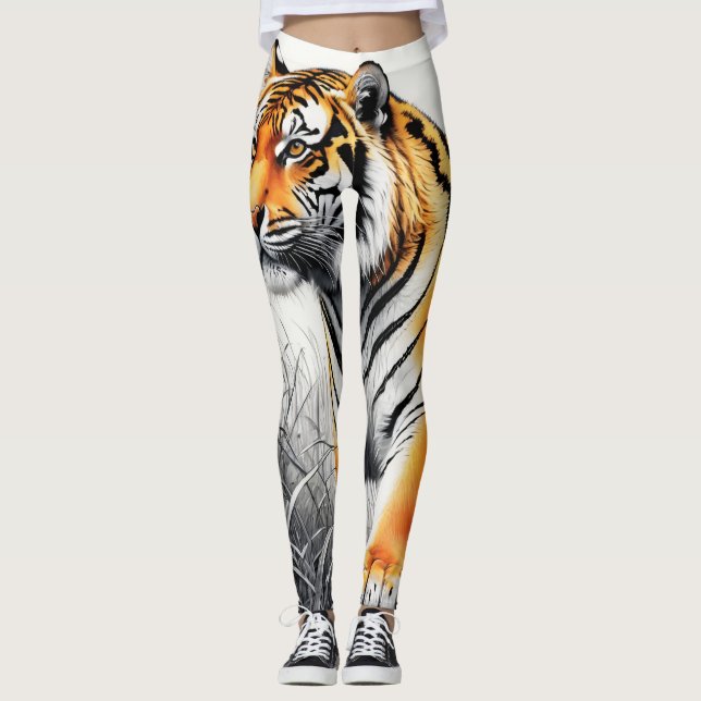 Tiger Art Colour Partial Black White Drawing Leggings (Front)