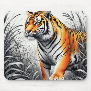 Tiger Art Colour Partial Black White Drawing Mouse Pad
