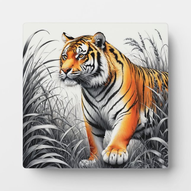 Tiger Art Colour Partial Black White Drawing Plaque (Front)