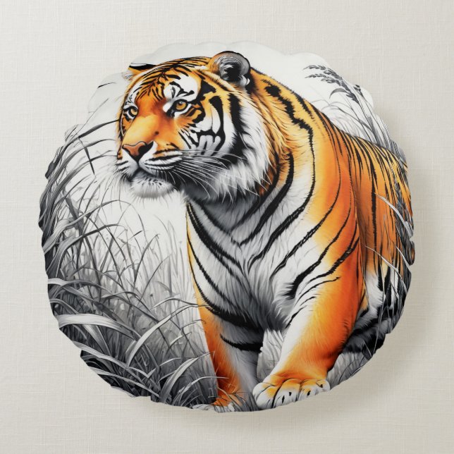 Tiger Art Colour Partial Black White Drawing Round Cushion (Front)