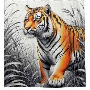 Tiger Art Colour Partial Black White Drawing Shower Curtain