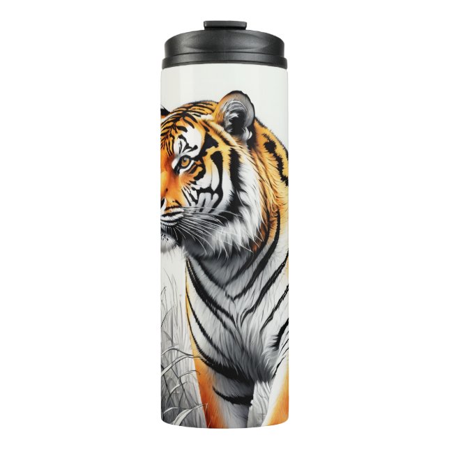 Tiger Art Colour Partial Black White Drawing Thermal Tumbler (Front)