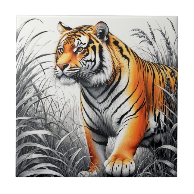 Tiger Art Colour Partial Black White Drawing Tile (Front)