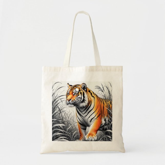 Tiger Art Colour Partial Black White Drawing Tote Bag (Front)