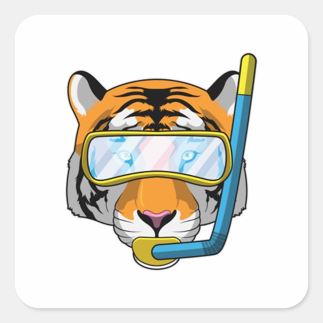 Tiger as Diver with Snorkel Square Sticker (Front)