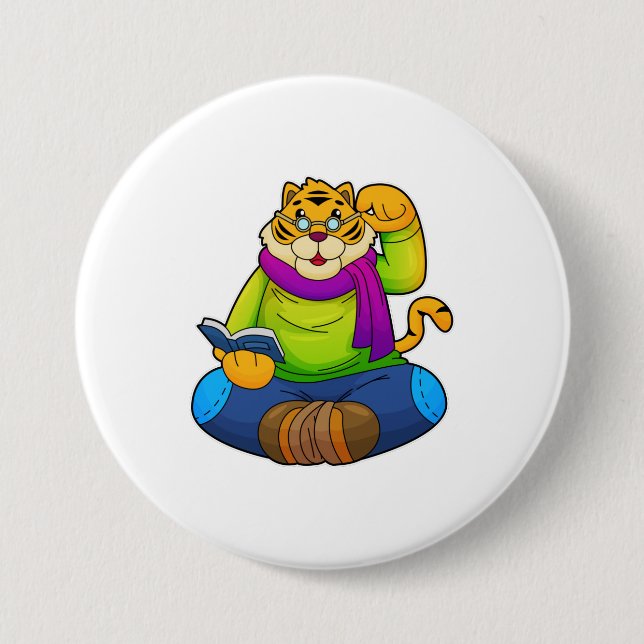 Tiger as Nerd with Book 7.5 Cm Round Badge (Front)