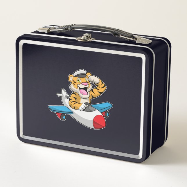 Tiger as Pilot in Plane Metal Lunch Box (Front)