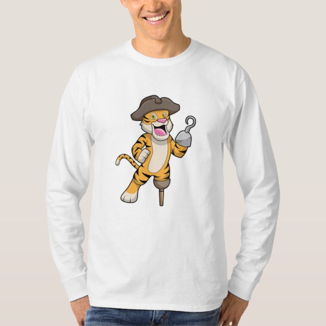 Tiger as Pirate with Wooden leg & Hooked hand T-Shirt (Front)