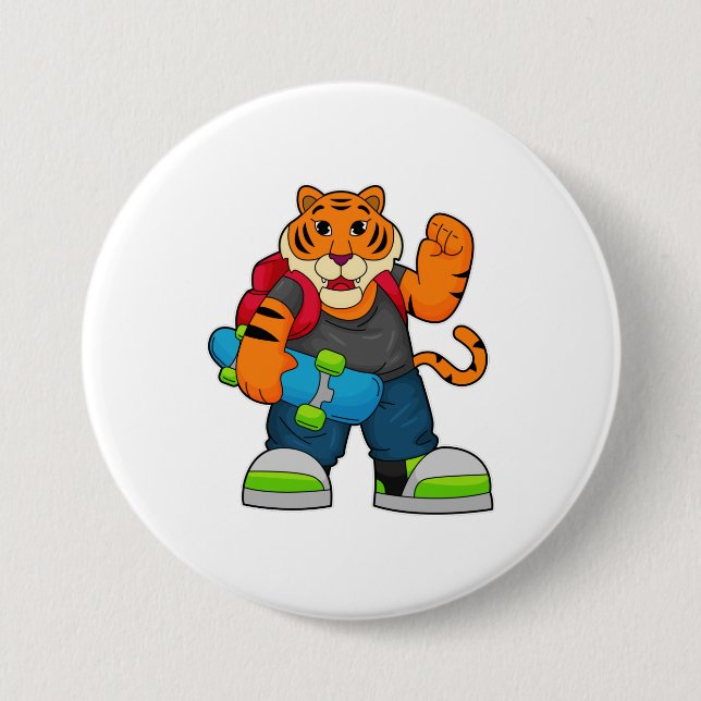 Tiger as Skater with Skateboard 7.5 Cm Round Badge (Front)