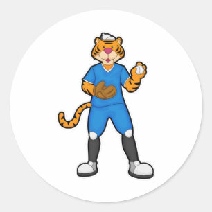 Tiger at Baseball with Baseball glove & Cap Classic Round Sticker