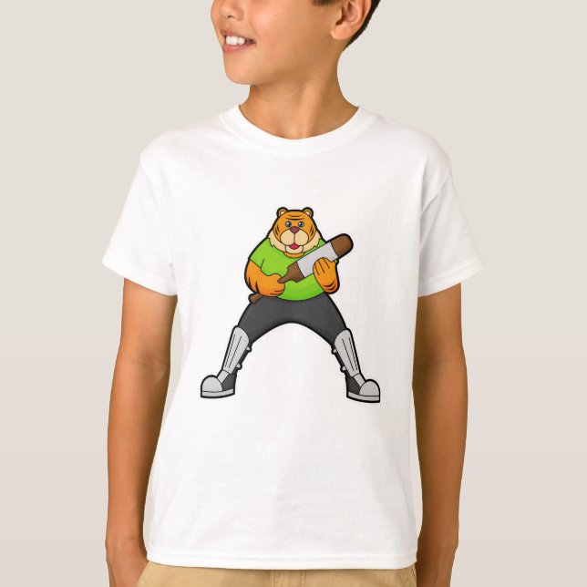 Tiger at Cricket with Cricket bat T-Shirt (Front)
