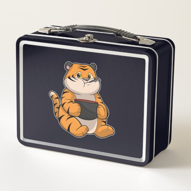 Tiger at Eating with Bowl Metal Lunch Box (Front)
