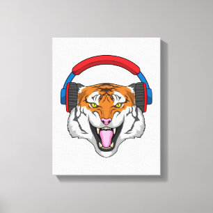 Tiger at Music with Headphone Canvas Print