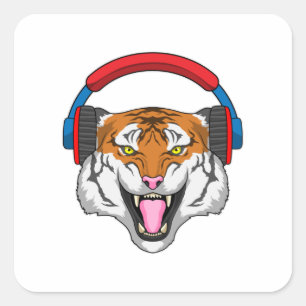Tiger at Music with Headphone Square Sticker