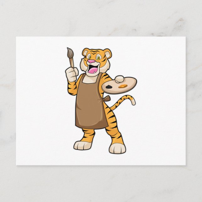 Tiger at Painting with Paint & Brush Postcard (Front)
