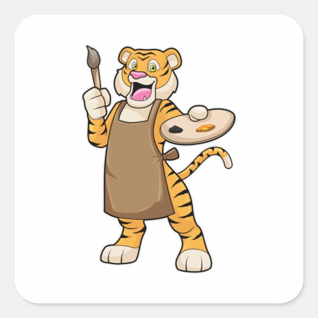 Tiger at Painting with Paint & Brush Square Sticker (Front)