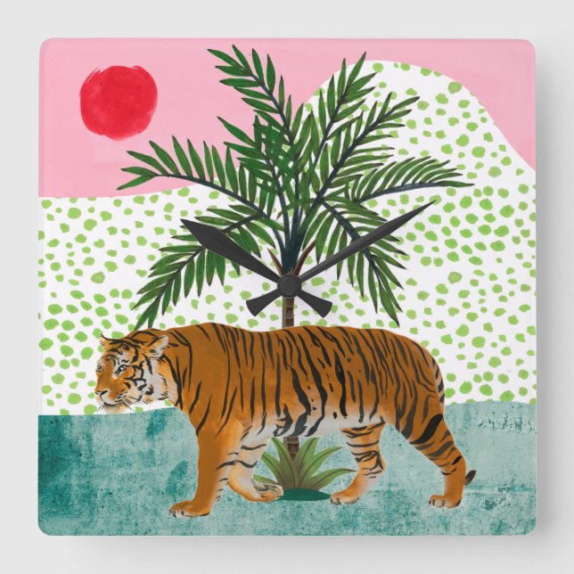 Tiger at Sunrise Square Wall Clock (Front)