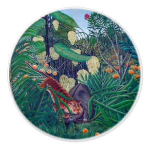 Tiger Attacking Buffalo in Exotic Tropical Jungle Ceramic Knob