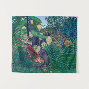 Tiger Attacking Buffalo in Exotic Tropical Jungle Tapestry