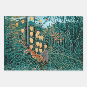 Tiger Attacking Bull in Exotic Tropical Jungle Wrapping Paper Sheet